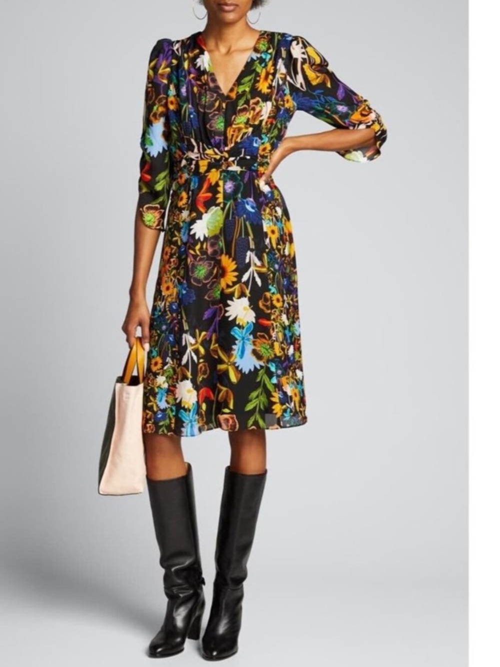 Ronny Kobo Collection Kailyn Black Floral V-Neck Midi Dress NWT